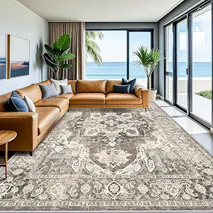10x14 Washable Area Rug - Large Vintage Non-Slip Rugs Bedroom Soft Low Pile Stain Resistant Carpet Indoor Boho Floor