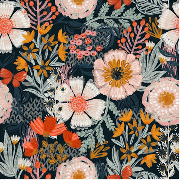 Navy Floral Peel and Stick Wallpaper Boho Mural 17.3in x 32.8ft | Vintage Textured Wall Paper Renter Friendly