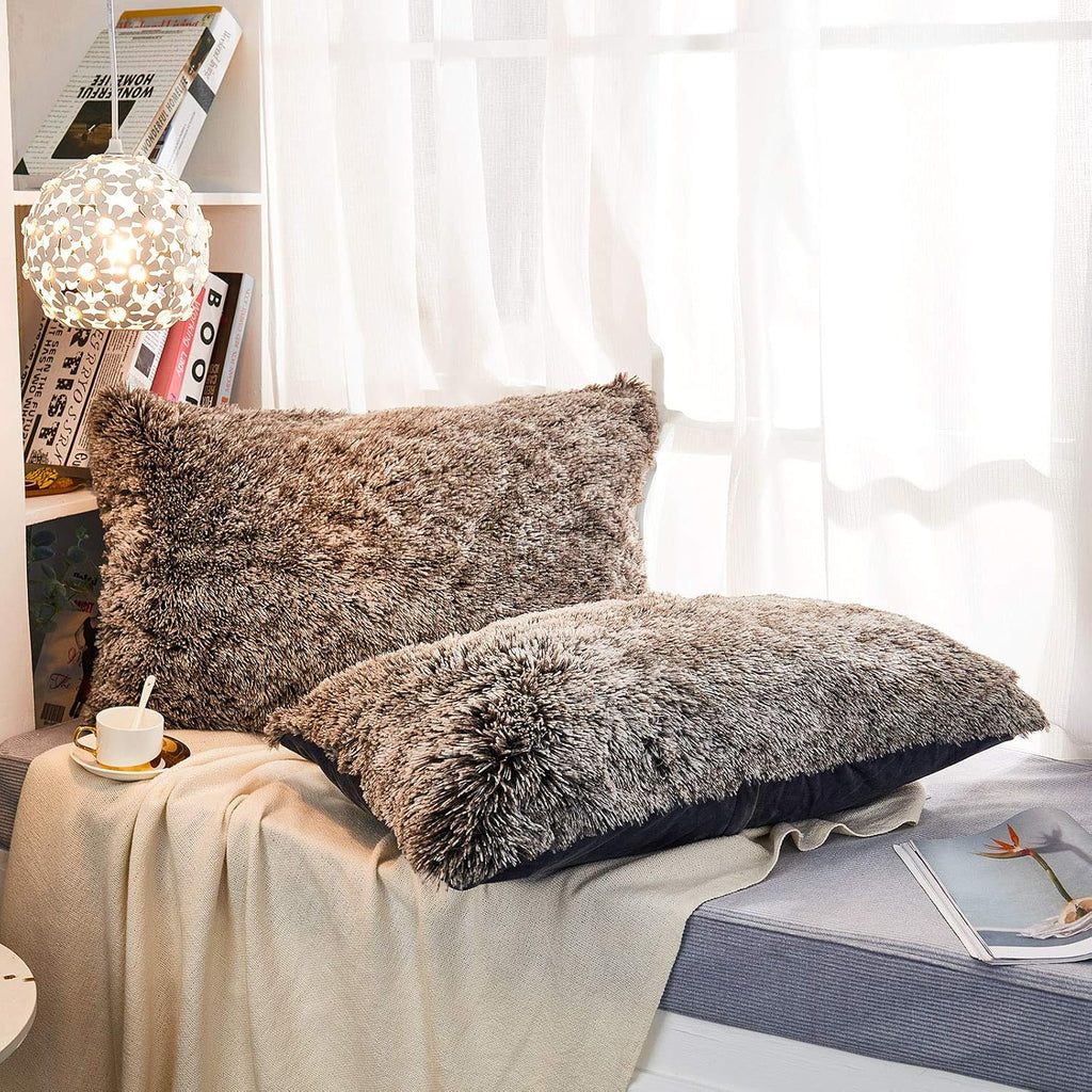 Faux Fur Decorative Throw Pillow Shams 2 Pack Luxury Shaggy Pillowcases Crystal Velvet Reverse Queen (Dark Grey