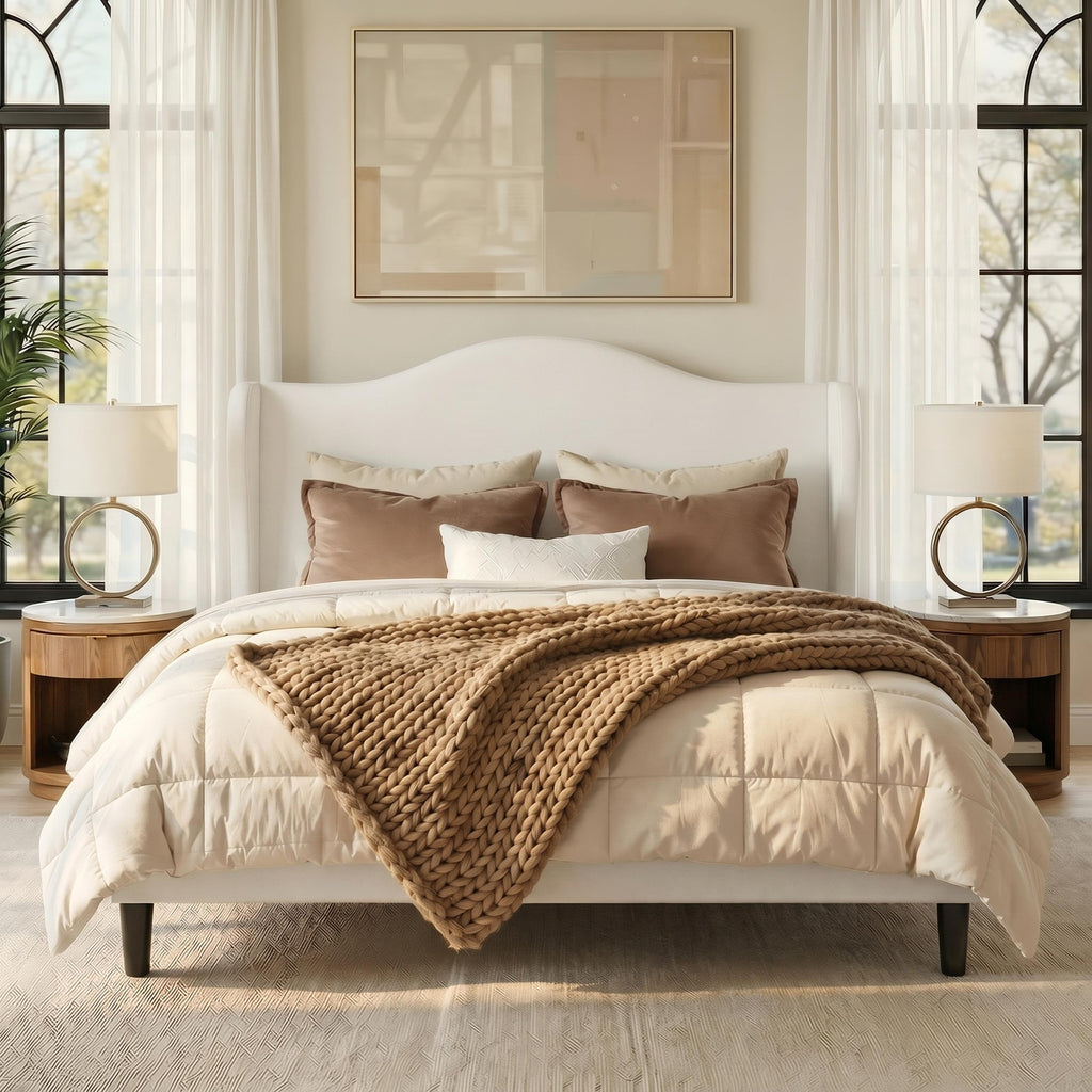 Queen Size Bed Frame, Plush Velvet Wingback, Modern Style, White