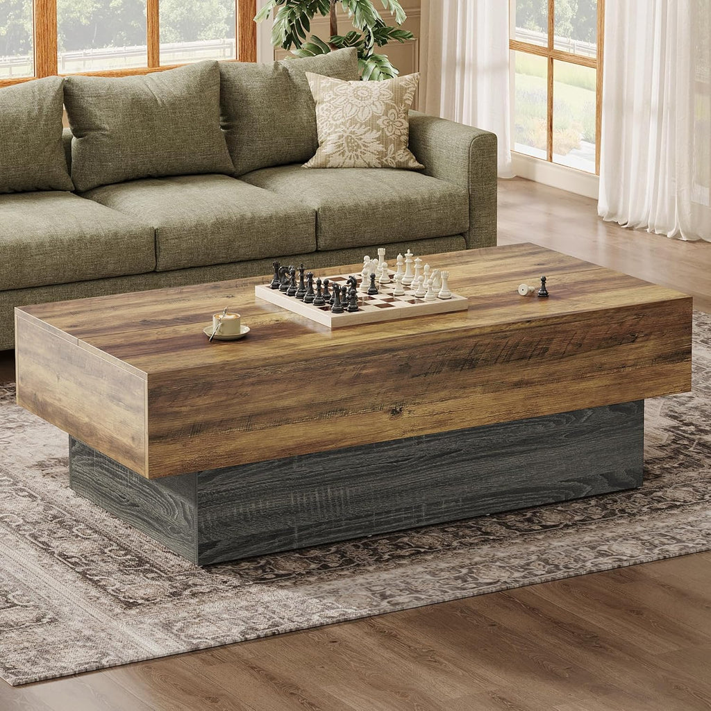 55-Inch Farmhouse Wood Coffee Table, Rustic Large Rectangle Tea Table, Vintage Center Table Reception