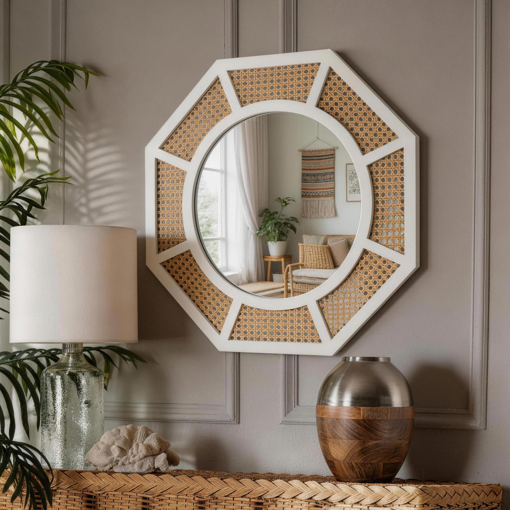 24" Large Rattan Wall Mirror Decoraive Boho Wall Decor Mirror