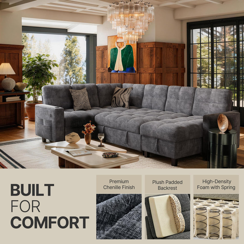 7 Seat Modular Sectional Sleeper Sofa with Pull Out Bed, Light Gray