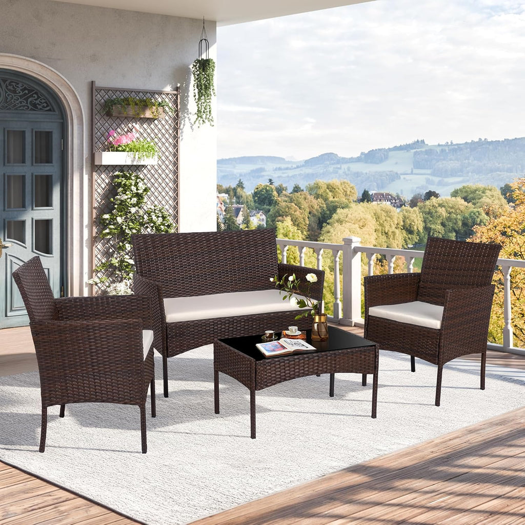 4 Piece Outdoor Patio Furniture Set, Wicker Rattan Patio Conversation Set