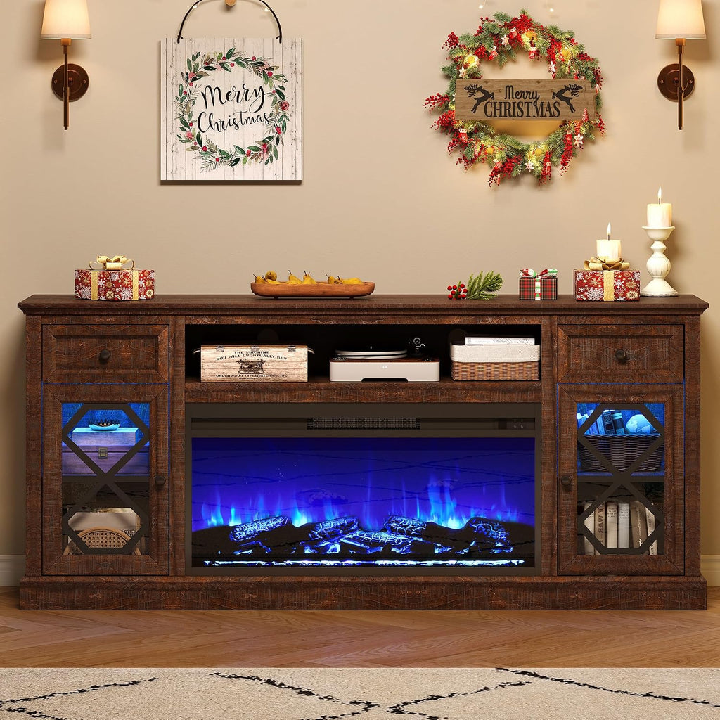 Farmhouse 70" Fireplace TV Stand with 37" Electric Fireplace, Large LED Entertainment Center with Storage for 80"