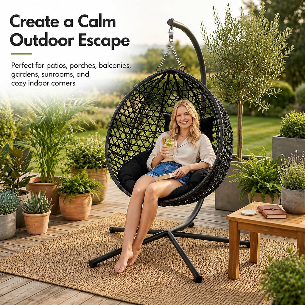 Outdoor Swing Chair, Folding Hanging Egg Chair with Stand Outdoor, PE Rattan Egg Swing Chair with Cushion & Pillow