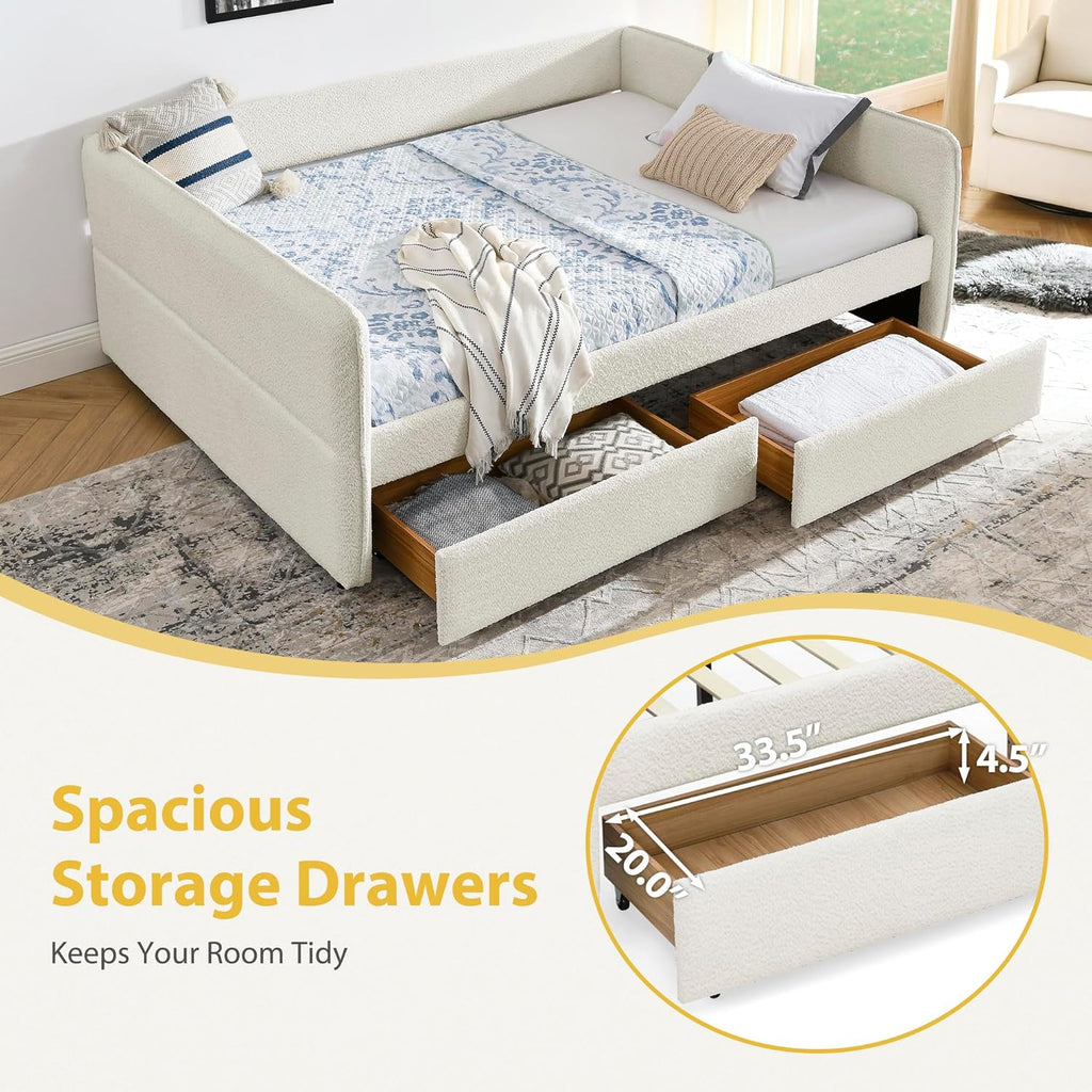 Queen Size Boucle Upholstered Daybed with 2 Storage Drawers, Soft Day Bed Living Room Apartment, Easy Assembly-Beige