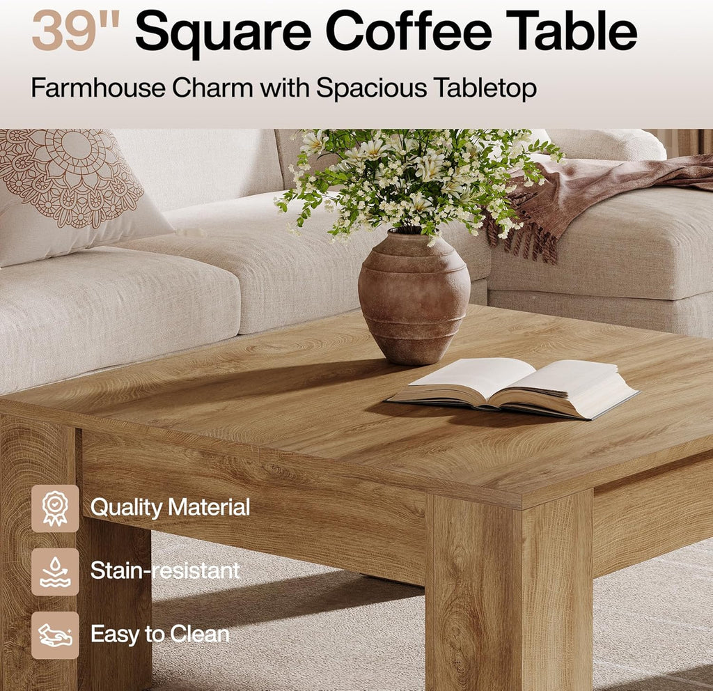 Farmhouse Square Coffee Table, 39-Inch Wooden Coffee Table with Sturdy Legs, Rustic Accent Center Table, Easy Assembly