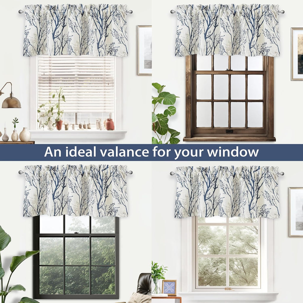 Tree Branch Linen Lined Valance Double Layer Thermal Insulated Room Darkening Blackout Valances 3 Inch Rod Pocket