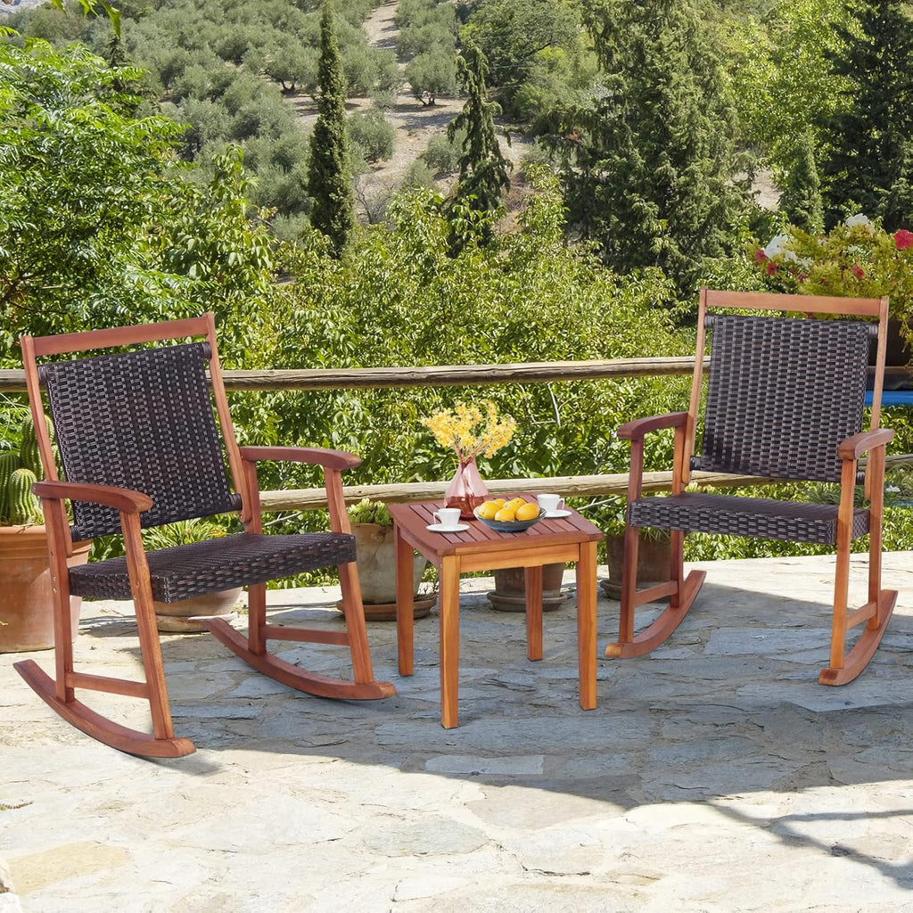3 Pieces Rocking Bistro Set Acacia Wood Patio Rocking Chairs with Coffee Table, Rattan Wicker Rocking Conversation