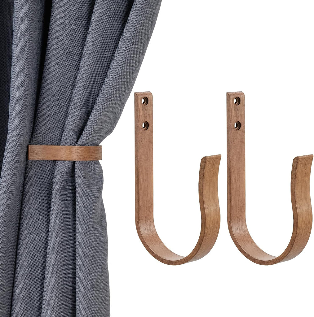 Light Brown Wood Grain Curtain Holdbacks,Solid Aluminum Wall Mounted Curtain Tiebacks & Hooks,U Shape Curtain Holders