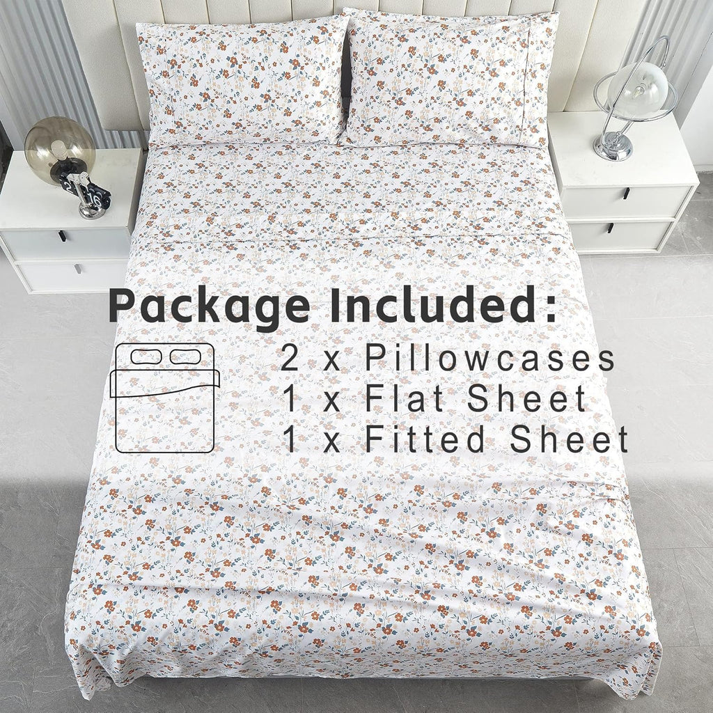 Floral Sheet Set Orange Flower Printed Bed Sheets - 4 Piece Soft Microfiber Patterned Fitted Sheets with 15"