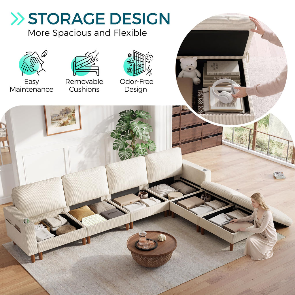 Cloud Couch 4-Seat Modular Sectional Sofa with Storage, Corduroy Deep Seat Cloud Sofa with Side Pocket & Cup Holder &
