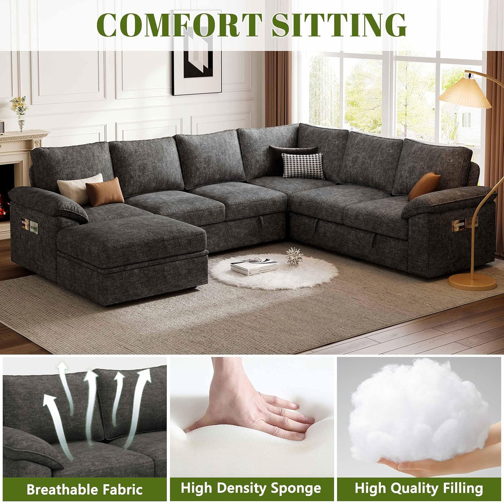 108 Inch Sectional Sleeper Sofa with Pull Out Bed, U Shaped 7 Seat Modular Sectional Sofa with Storage
