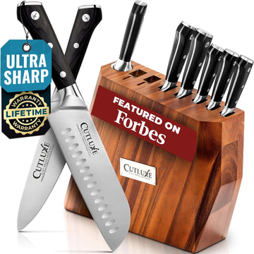 Kitchen Knife Set, 8-Piece Chef Knives with Acacia Wood Block | Razor Sharp Full Tang Blades, High Carbon German