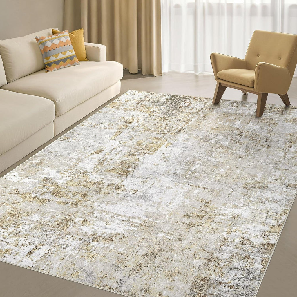 5x7 Rug for Living Room : Soft Abstract Washable Non-Slip Durable Rugs, Neutral Modern Indoor Carpet