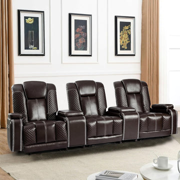 Recliner Chair Set of 3 Theater Seating Breathable Leather Sofa, Suitable Living Room Home Brown