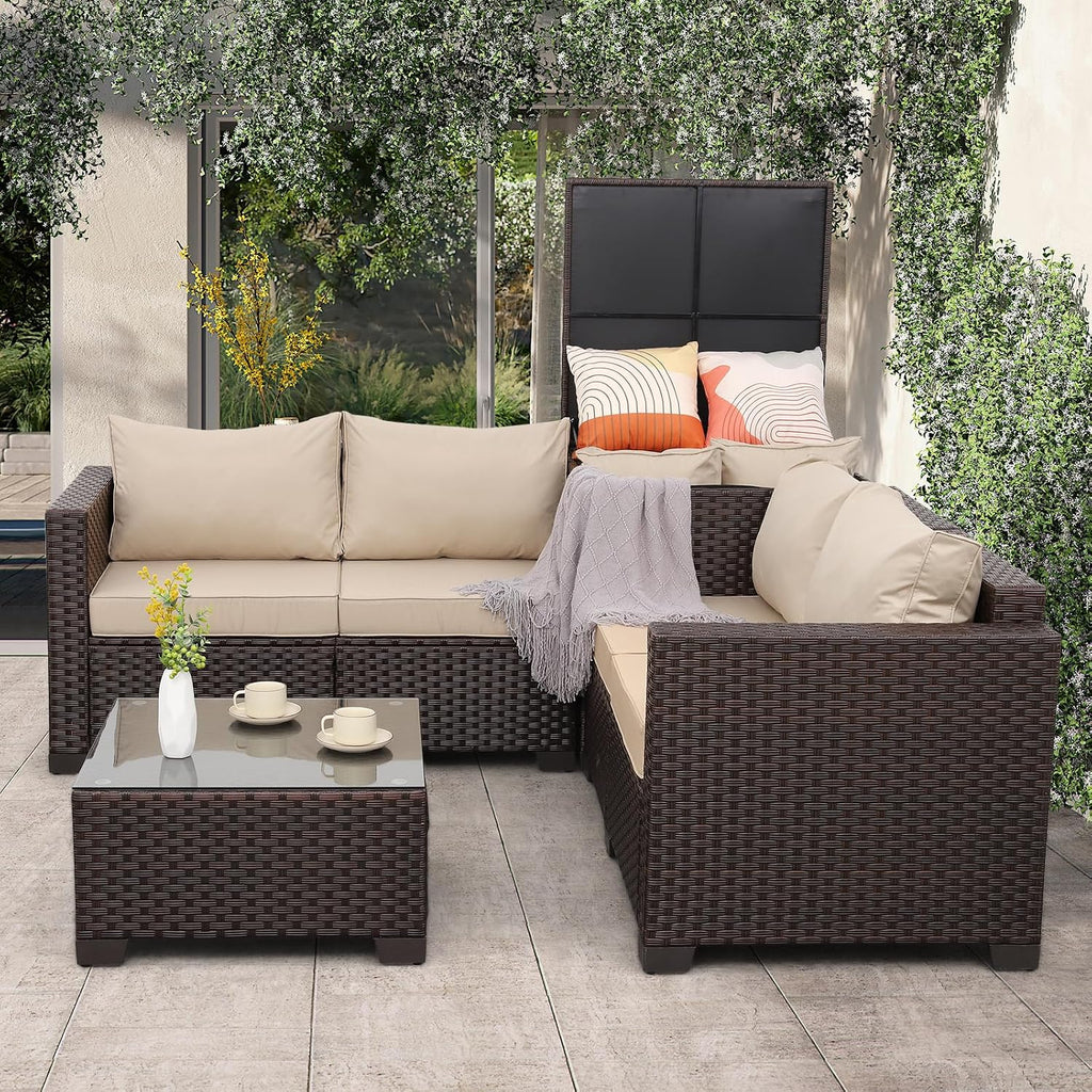 Patio Furniture Set 4 Piece Conversation Sets Brown Rattan Outdoor Couch Loveseat Wicker Sectional Sofa with Storage
