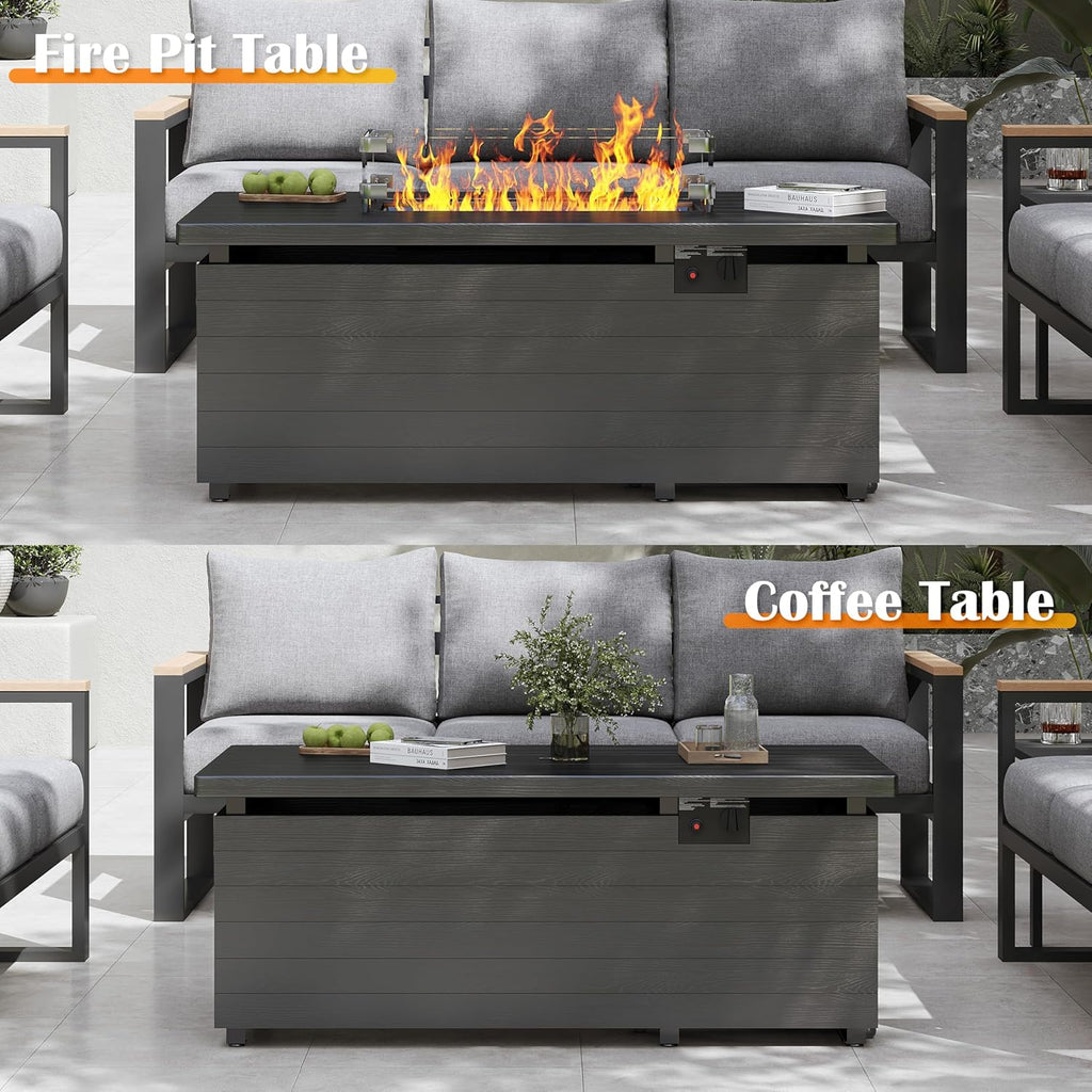 51 Inch Outdoor Fire Pit Table, 50,000BTU Rectangle Propane Fire Pit with Sliding Tank Holder, Glass Wind Guard, Removable Lid, CSA Certified, Gray - Image 6