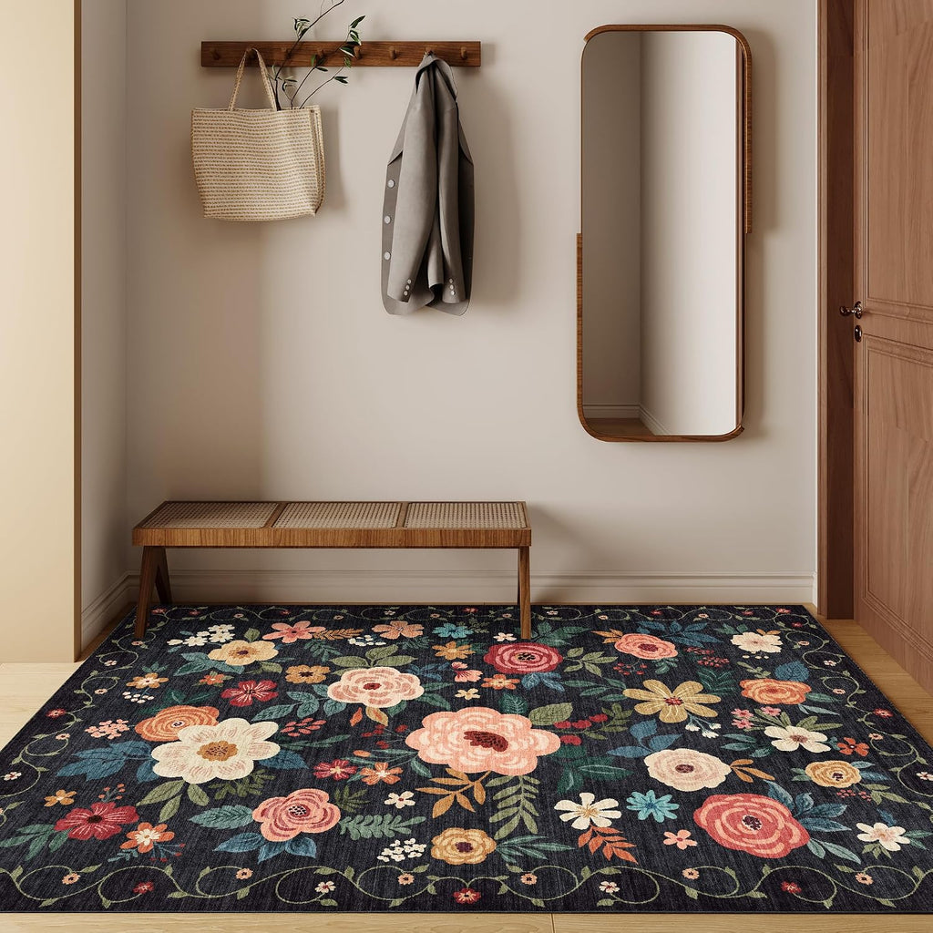 3x5 Area Rug, Floral Washable Rug Non Slip, Black