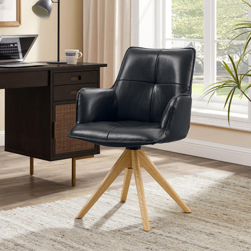 Mid Century Swivel Desk Chair No Wheels, Leather, Dark Blue