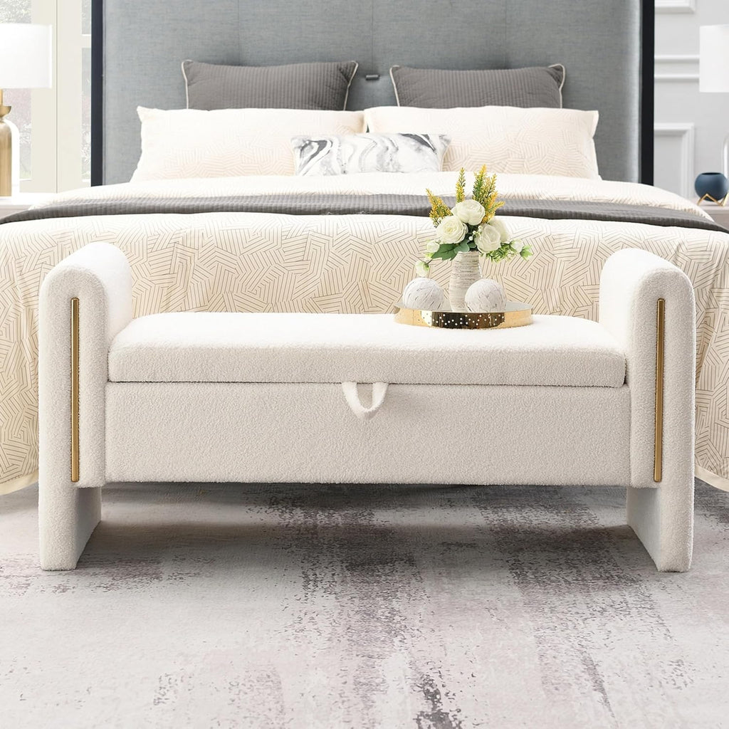 Upholstered Storage Ottoman, Teddy Fabric Bench with Solid Wood Legs, Comfortable Foot Rest Stool, Storage Bench End