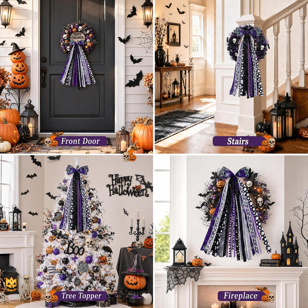 Black Purple Halloween Wreath Bow Wreath Sash for Front Door Decoration