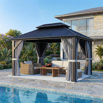 10'x12' Gazebo Hardtop Gazebo, Aluminum Pergola with Double Galvanized Steel Roof, Permanent Outdoor Metal Canopy with Curtain and Netting for Patio, Backyard, Deck,Grey