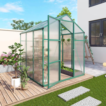 6x10FT Walk-in Polycarbonate Greenhouse Kit, Heavy Duty Aluminum Alloy Frame Green House with Ventilation & Drainage