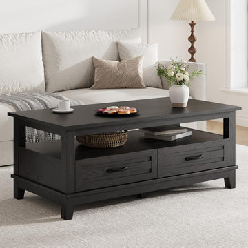 Farmhouse Coffee Table with Drawers, 47.2 in Center Table Rustic Coffee Tables Black Living Room Table