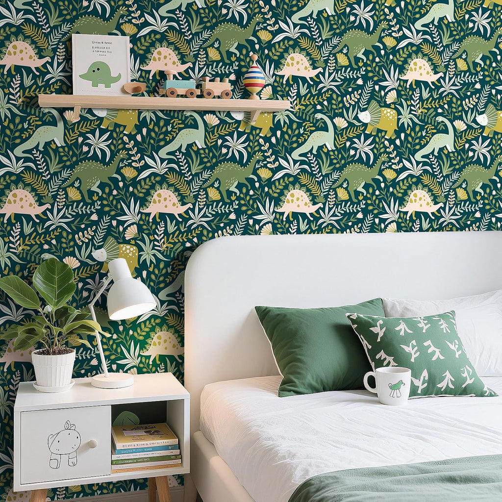 17.5"x275" Floral Dinosaur Peel and Stick Wallpaper Kids Boy Nursery Wallpaper Green Woodland Animal Wall Paper Peel