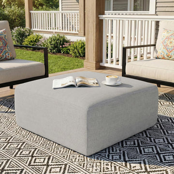 Square Outdoor Ottoman Pouf, 24" Waterproof Patio Foot Rest, Light Gray | Ottoman Foot Rest, Comfy Footstool