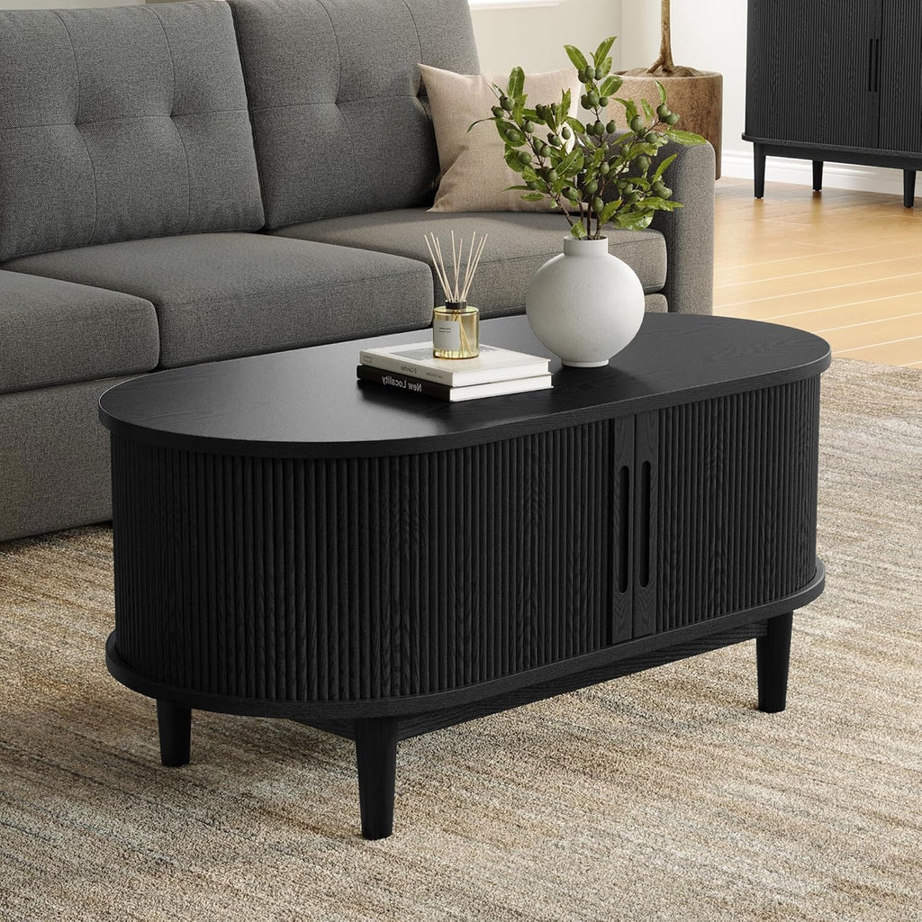 Round Coffee Table, 31.5" Drum Coffee Table with Sliding Tambour Door, Fluted Accent Center Table with Storage