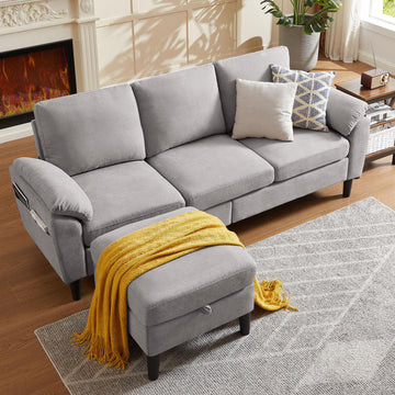80" Convertible Sectional Sofa, Small L Shaped 3 Seat Couch with Reversible Storage Chaise, Modern Polyester Fabric