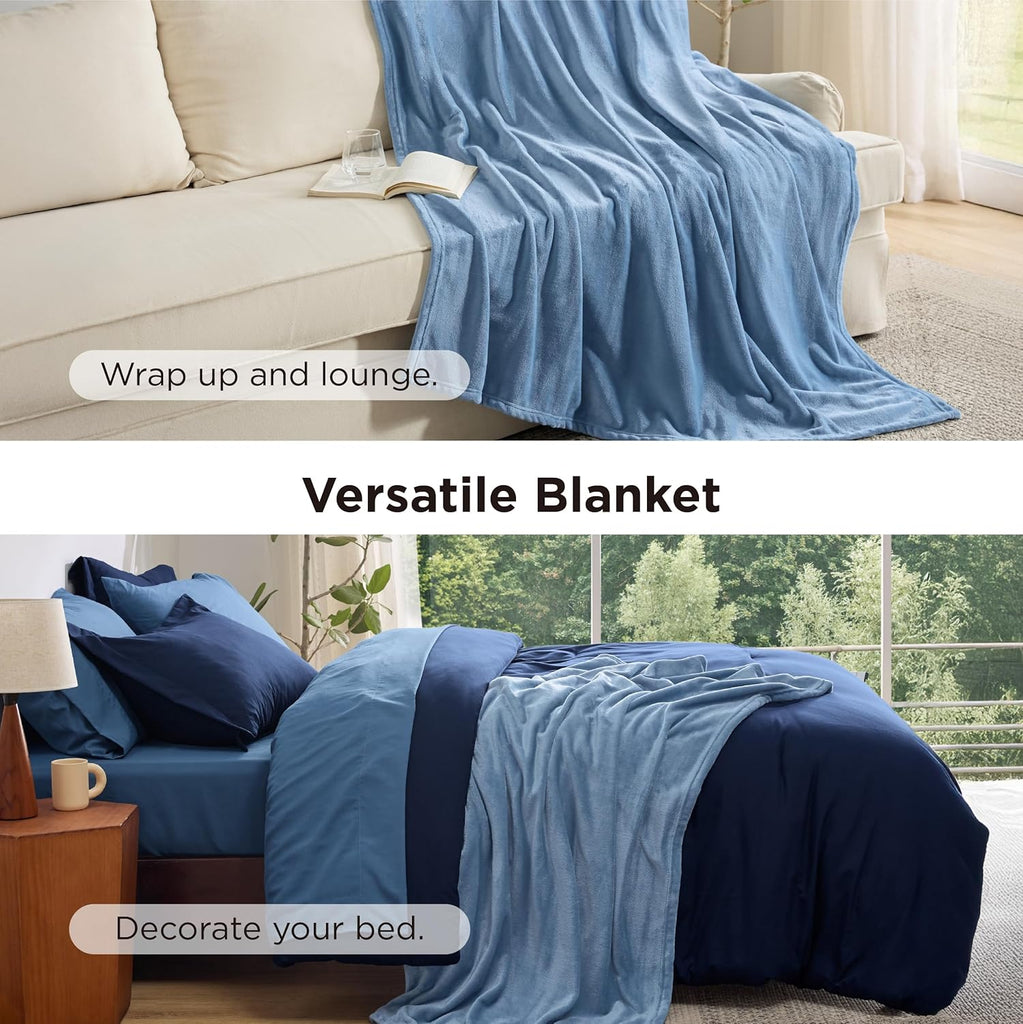 Full Comforter Set Navy Blue, 8 Pieces Prewashed Full Bed in a Bag with Soft Fleece Bed Blanket