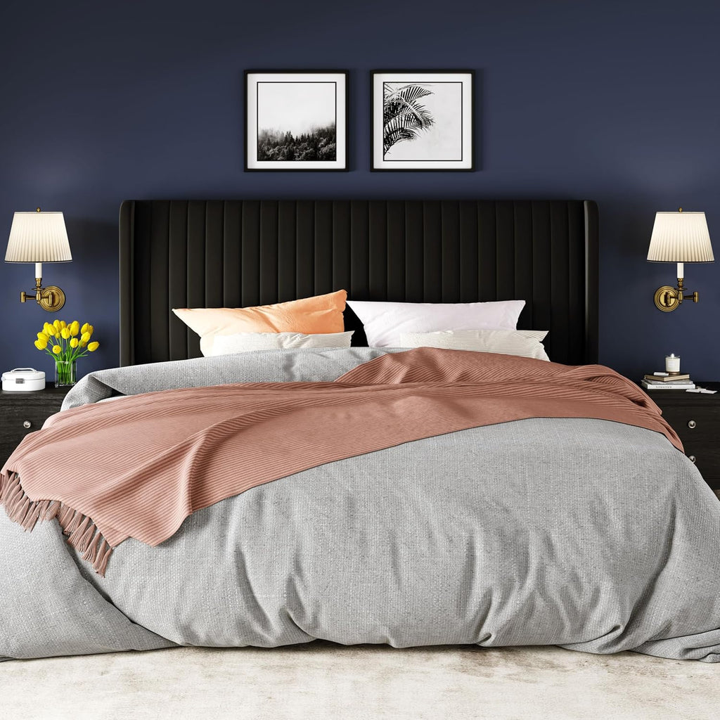King Velvet Bed Frame/Vertical Channel Tufted Wingback Headboard/Upholstered Platform Bed/Strong Wooden Slats/No Box