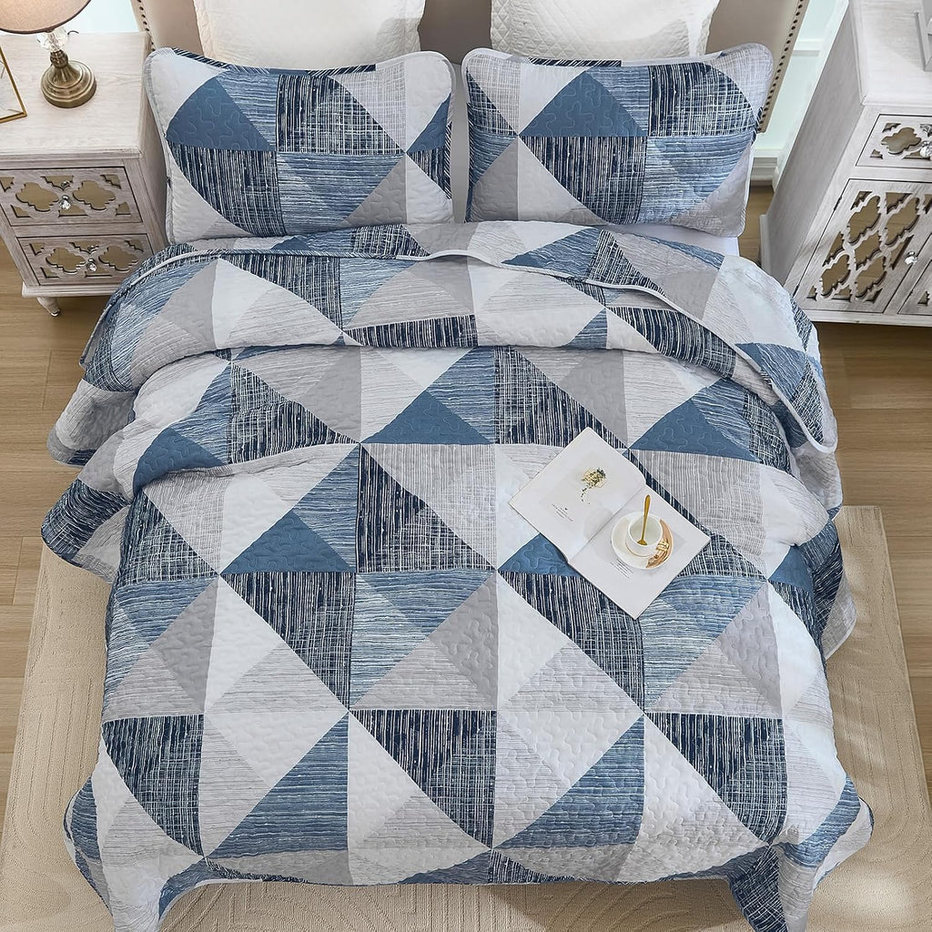 Quilt Queen Blue, 3 Pieces Patchwork Bedspread Bedding for Queen Bed, Soft Lightweight Microfiber Geometric Coverlet