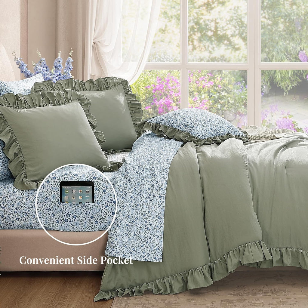 Comforter Set - 7 Pieces Ruffle Sage Green Bedding Sets