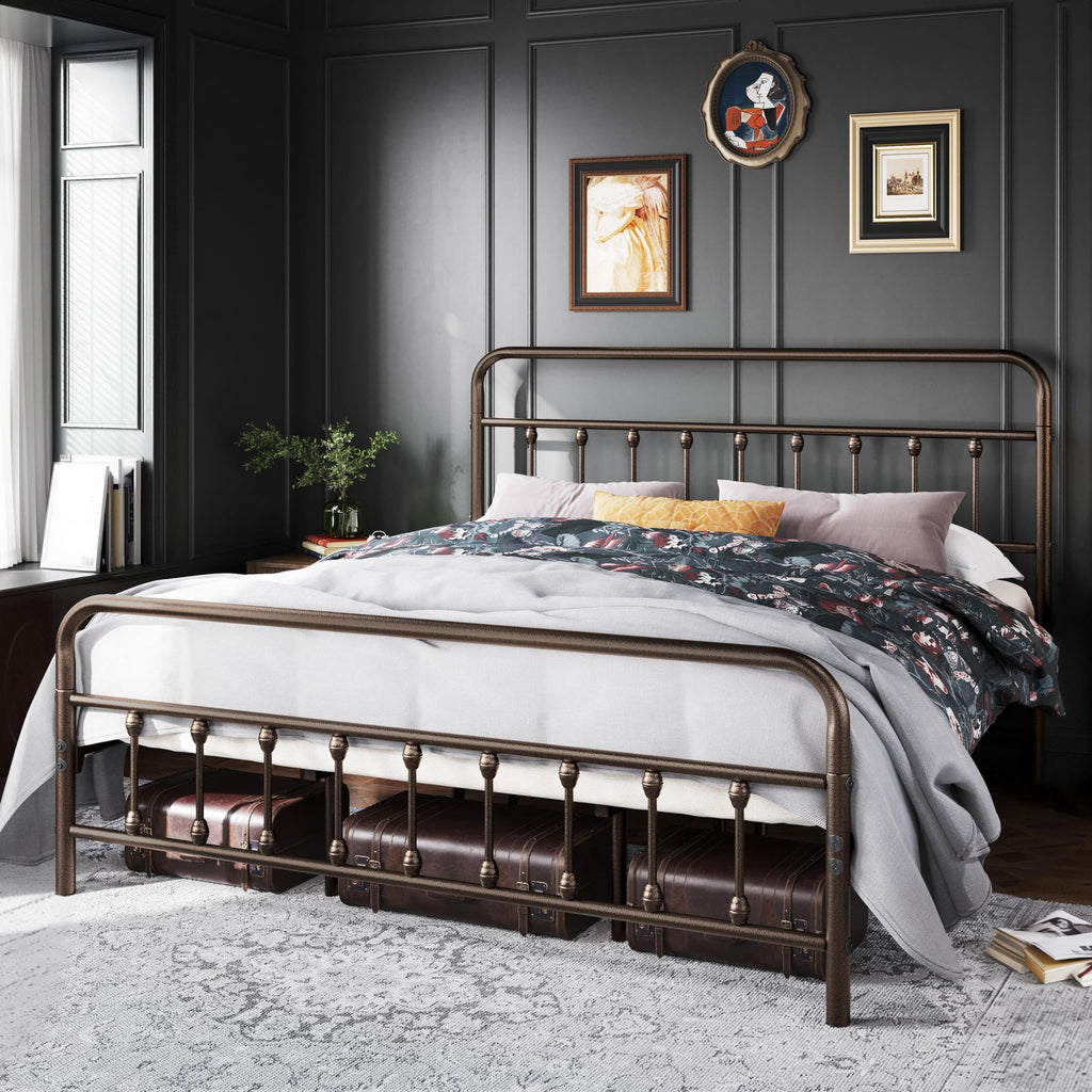 King Metal Bed Frame, Victorian Style Headboard, Bronze