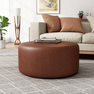30.25" Modern Upholstered Round PU Leather Ottoman, Multifunctional Extra Seat, Side Table, Foot Rest, Stuffed Pouf