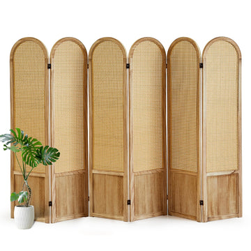 6 Panel Rattan Room Divider Screen, Boho Folding Privacy Screen