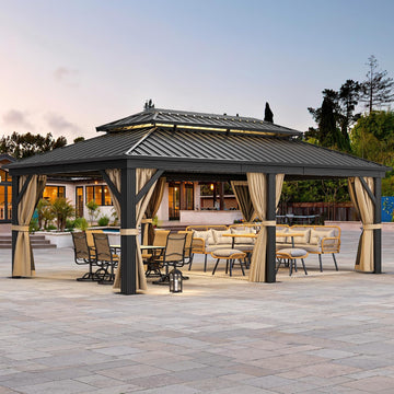 12x20ft Gazebo Hardtop Canopy Heavy Duty Double Roof Outdoor w/Nettings and Curtains