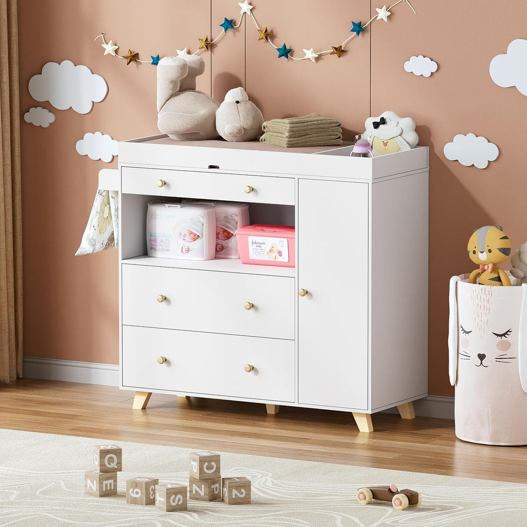 Baby Changing Table, Modern Diaper Changing Station, Changing Table with 2 Drawers & Shelves White