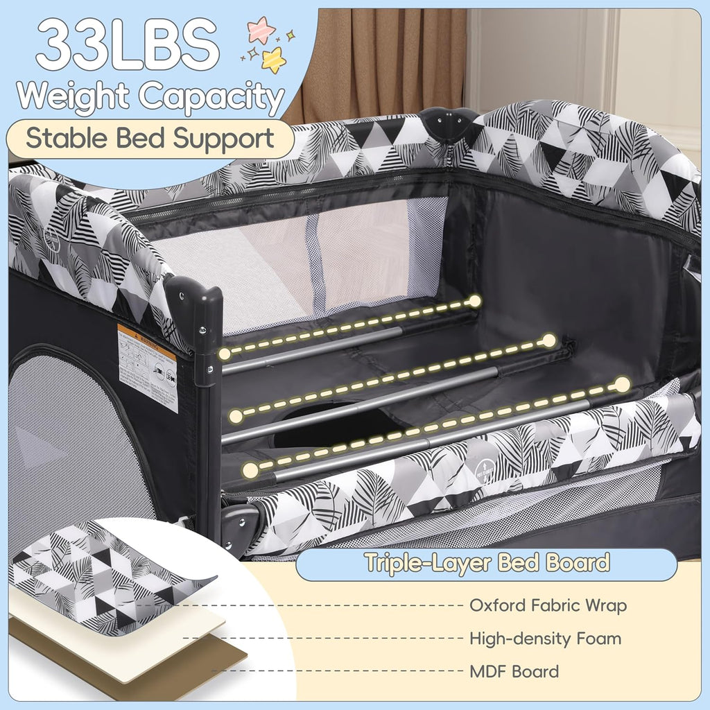 5-in-1 Pack and Play with Changing Table, Baby Bassinet Bedside Sleeper with Storage Bag & Music Box, Portable Baby