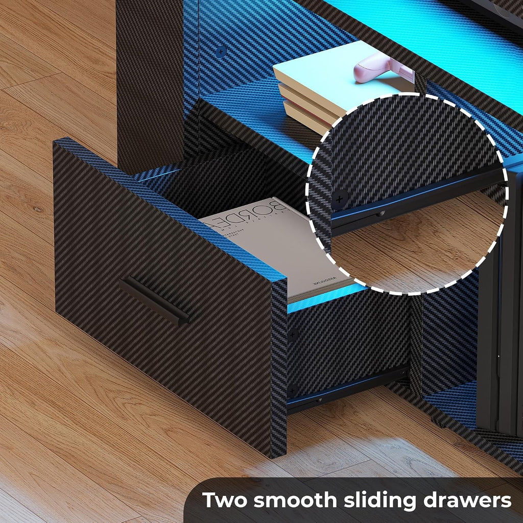 TV Stand for 75 Inch TV, Carbon Fiber Entertainment Center with 2 Drawers, Charging Station & RGB LED Light, Gaming