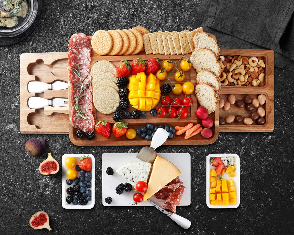 Cheese Board Set Acacia Wood - Large Charcuterie Board with Stainless Steel Knife Set, Thick Wooden Server - Fancy
