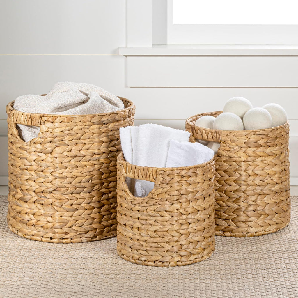 Avery 3-Piece Cylinder Nesting Baskets 13", Natural | Hyacinth, Bohemian Cottage Style, Handwoven Wicker, Iron Metal