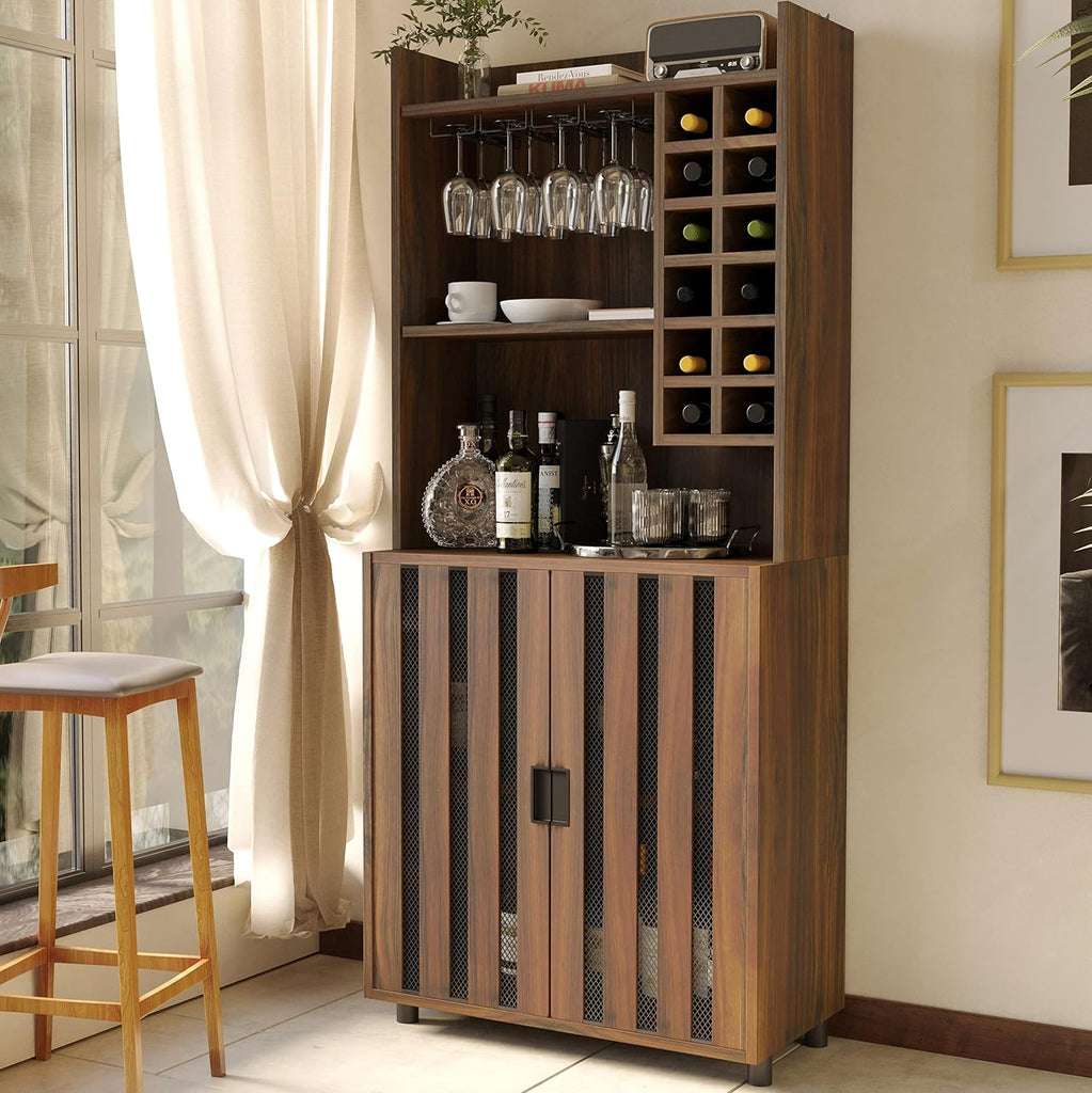 Wine Cabinet with 12 Wine Bottle Racks, 70'' Wine Bar Cabinet Bar Cabinet Tall with Storage, Modern WoodenTall Liquor