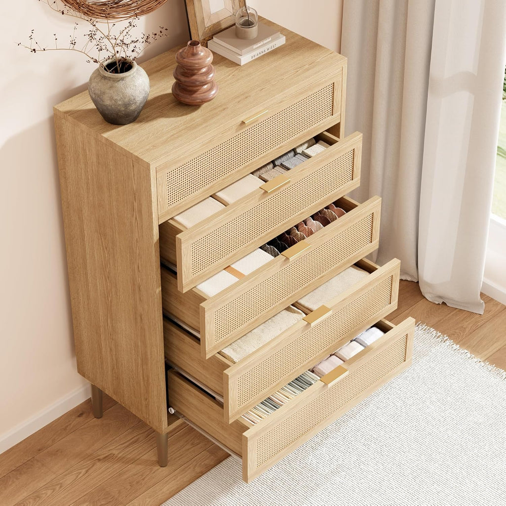 Rattan Dresser with 5 Drawers,44" Tall Chest of Drawers | Narrow Wooden Vertical Dresser With Metal Legs And Handles