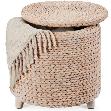 17" Round Storage Ottoman W/Lid, Handwoven Water Hyacinth Footstool, Footrest w/Wooden Legs, Accent Side Table